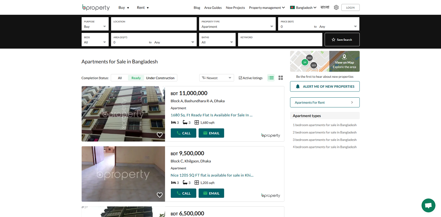 Completion status button displaying listings of properties under construction