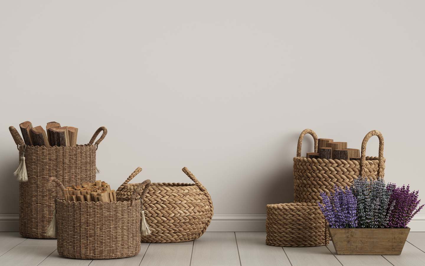 Different shapes of wicker baskets