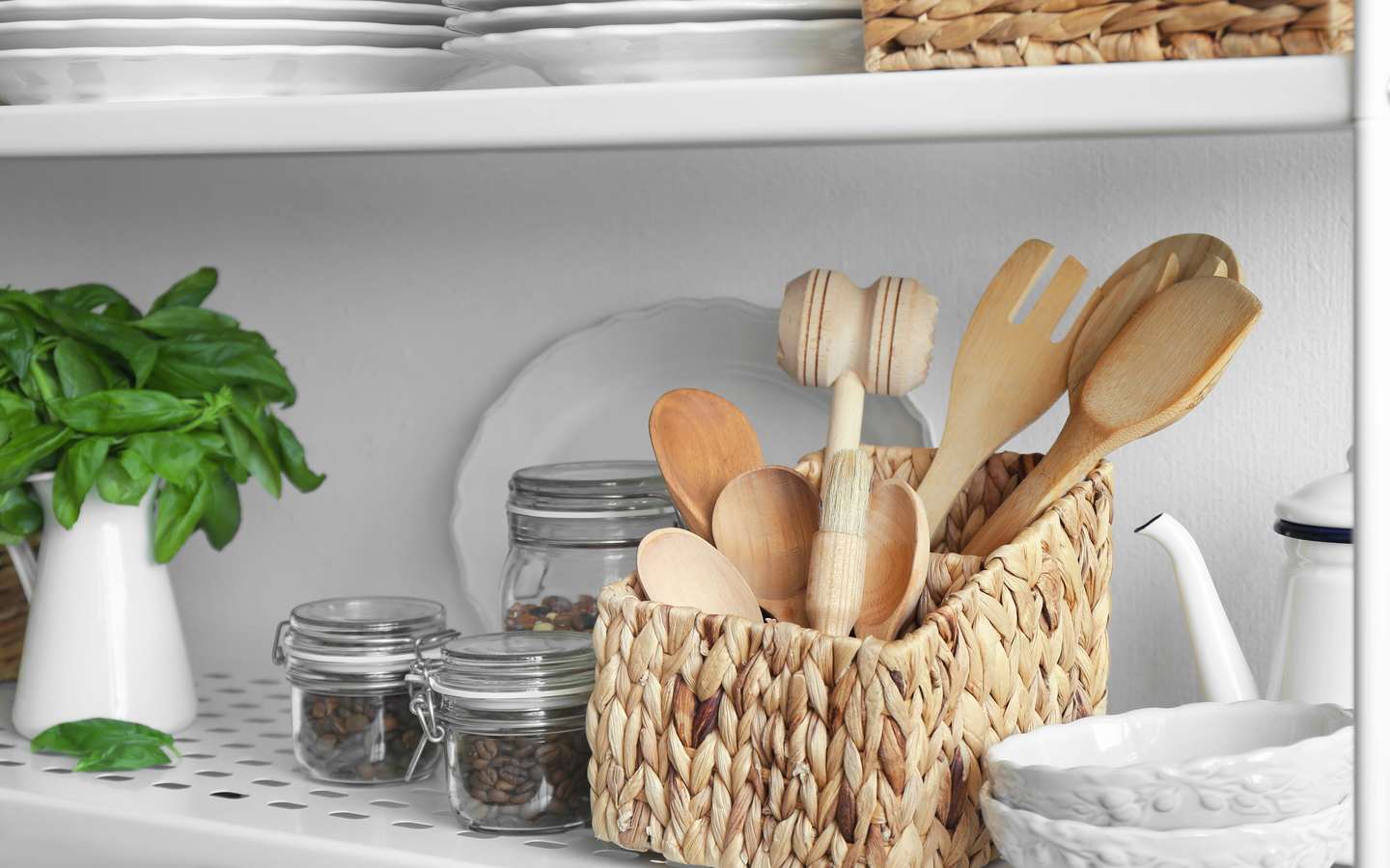 wicker basket in kitchen shelf 
