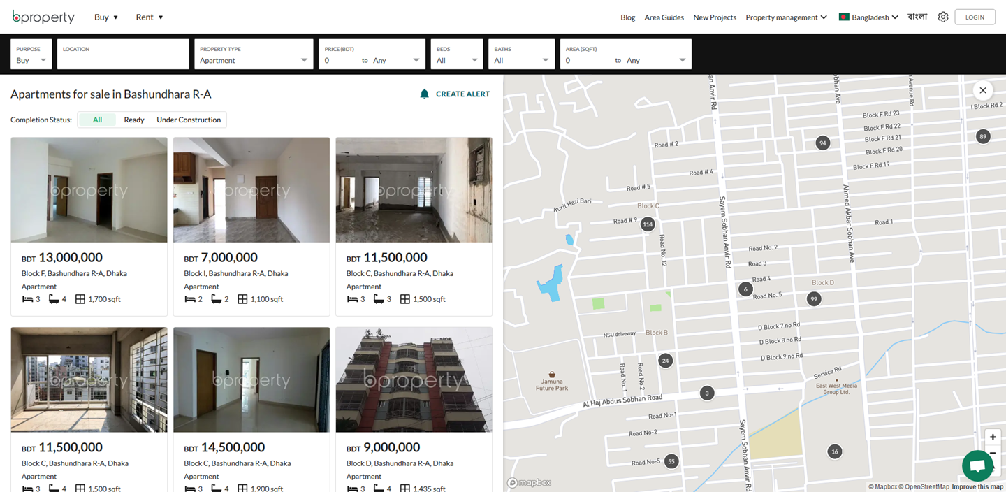 Map view of listed properties on bproperty website
