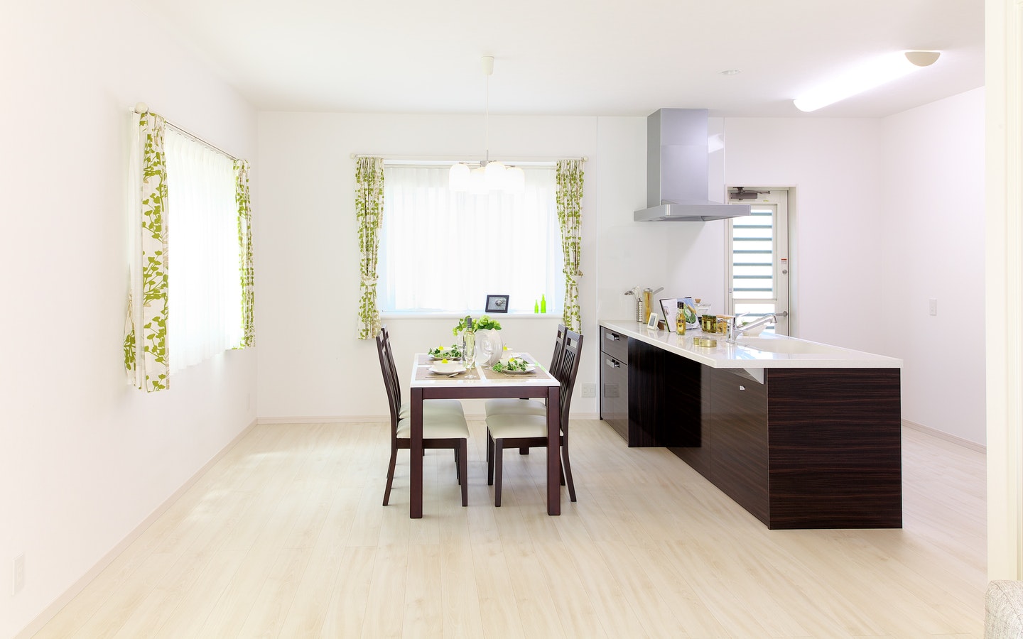 dining table in an open kitchen